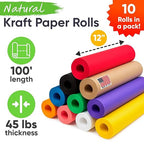 12" x 1200" (100 ft) Pack of 10 Rolls USA-Made Multi-Color Kraft Paper Rolls, 45 lbs/66 GSM – Colored Kraft Paper for Packing, Crafts, DIY Projects, Gift Wrapping – Non-toxic, Safe for Kids