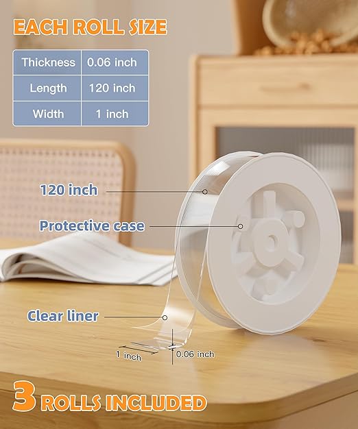 Double Sided Tape for Heavy Duty Applications, Removable Mounting Tape, Nano Tape, Extra Large Clear Transparent Adhesive Strips for Poster Carpet Picture Hanging Strip Rug Wall Outdoor, 3-Pack