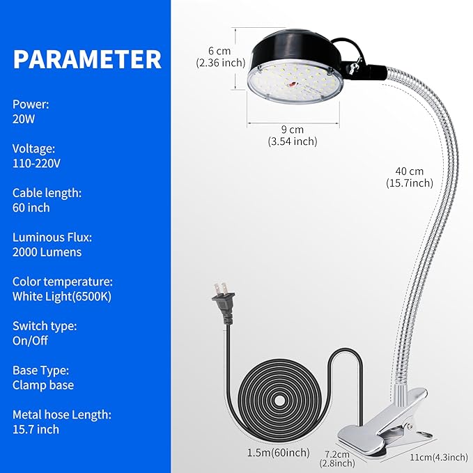 Clamp Light, LED Work Light with Flexible & Strong Clip for Workshop, Sewing, Lathe, Desk, Bright Small Area Task Lighting, 2000 Lumens, Silver