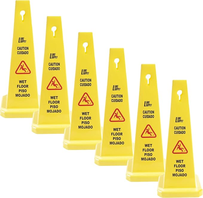 MATTHEW CLEANING 6 Packs 26” Caution Wet Floor Safety Cones for Indoors and Outdoors,Bright Yellow Caution Wet Floor Sign,4-Sided Bilingual Signs,Avoid Fall & Slip Accident