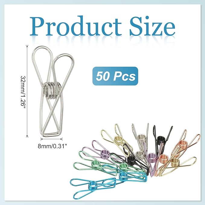 PATIKIL 50Pcs Paper Office Binder Clips, 1.26" Small Metal Wire Hollow Out Paper Clamps Long Tail Binder Clips for Photo Clothes Hanging Office Home Kitchen Food Package, Silver