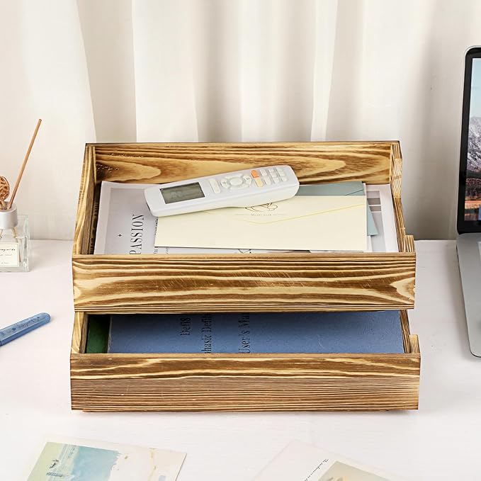 BTSKY 2PCS Vintage Wood Letter Tray with Anti-Slip Bars, Stackable A4 Paper Document File Organizer, Solid Wood Desktop Office Desk Storage Holder for Office and Home