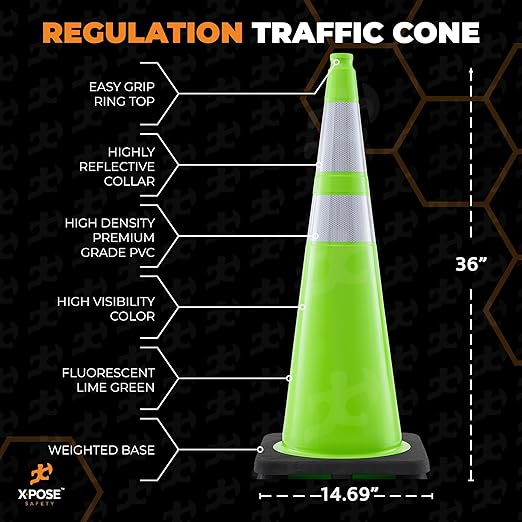 Xpose Safety 36” Lime Green Traffic Cone Dual 6" & 4" Reflective Collar – 8 Pack Multipurpose Premium PVC Safety Cone for Parking, Caution, Construction, Road Crews, Emergency Vehicle - DOT Approved