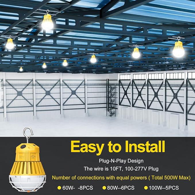 80W LED Temporary Work Light 12000LM 5000K Portable Work Lamp Fixture Daylight Construction Work Light Portable for Barn Garage Lighting, Temporary Plug in Work Lights Input 100~277VAC
