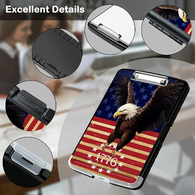 Clipboard with Storage,Office Supplies Nursing Clipboards Folder with Pen Holder Plastic Storage ClipBoard Foldable for Teacher Nurse,Flag Eagle