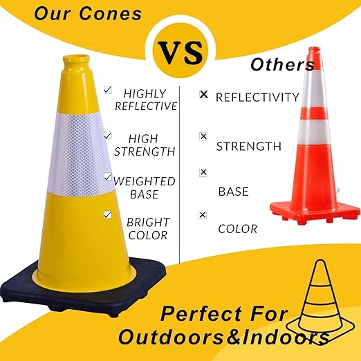 BESEA 6Pack 18 Inch Yellow Traffic Cones with 6 Inch Reflective Collar, Heavy Duty PVC Safety Cones with 10.5 x 10.5 Inch Base for Parking, Driving Practice, Sports Training, and Construction