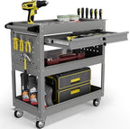 3 Tier Tool Cart on Wheels with Drawers - Three Tier Rolling Cart with Lockable Storage - Mechanic Tool Chest - Tool Chest with Wheels Used in Garage, Indoors, Workshop (Gray)