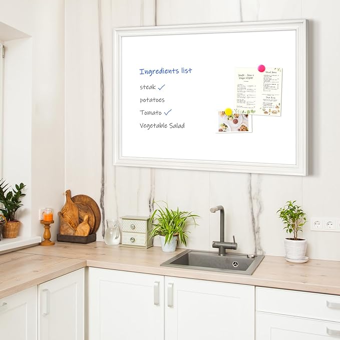 4 THOUGHT Dry Erase Board, 24 x 18 in Magnetic Whiteboard Wood Frame Wall-Mounted White Board Decorative Planner Notice Board for School, Office, Home, 8 Magnets 4 Markers 1 Eraser, White