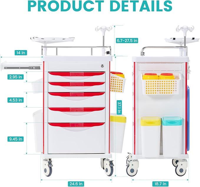 Medical Cart, Rolling Medication Carts with Silent Wheels, Adjustable IV Pole, Trash Bin & O2 Holder, Needle Disposal Holder - Ideal Nursing Trolley for Clinics, Hospitals, Salon