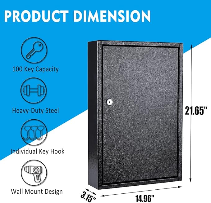 UMEKEN Metal Valet Key Cabinet - 100 Position Car Key Lock Box with Key Tags, Vehicle Organizer Safe Storage Locker, Black, 14.96" x 3.15" x 21.65"