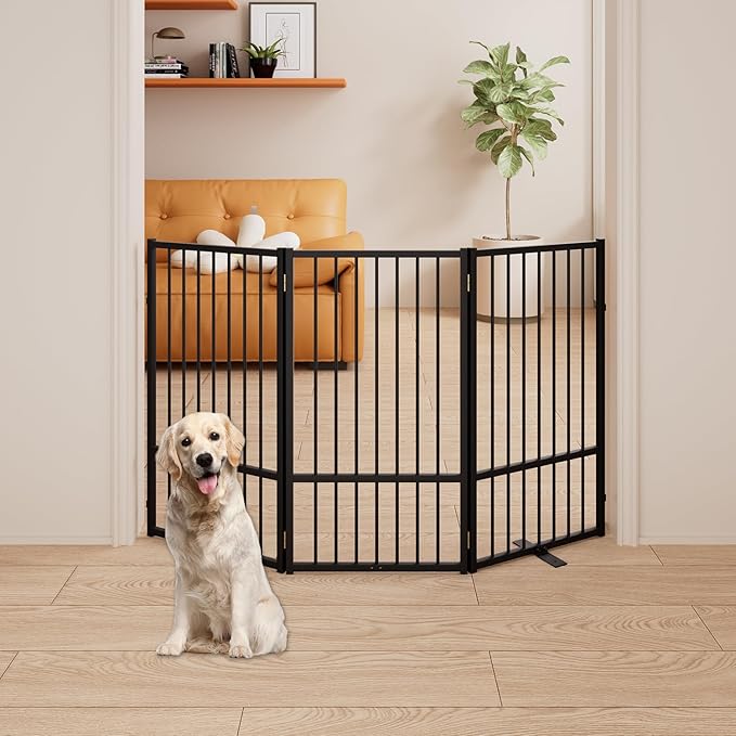 3 Panels Full Metal Freestanding Dog Gates, 60” W x 36” H Folding Pet Gate Fence with Support Feet for Indoor,Stairs, Hallways and Doorways(Black)