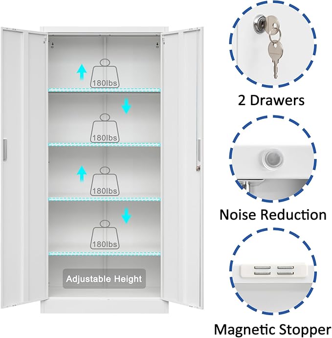BESFUR Metal Storage Cabinet with 5 Adjustable Shelves and 2 Lockable Doors, 71" White Garage Metal Cabinet, Locking Cabinet for Office, School, Garage