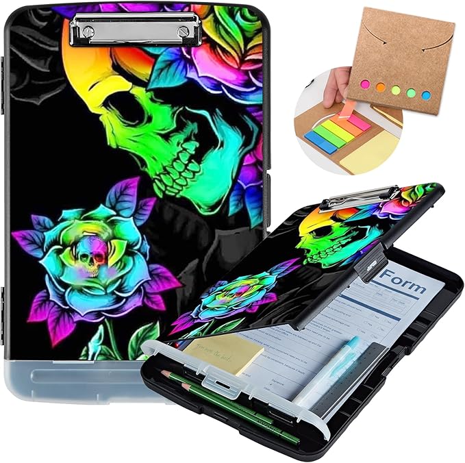 Clipboard with Storage,Heavy Duty Plastic Storage Clipboard with Low Profile Clip,Teacher Must Haves,Office Supplies,Colorful Skull Rose Flower