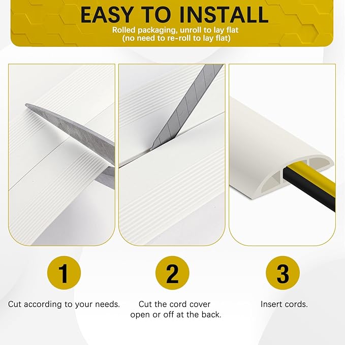 Floor Cord Cover 3.3FT Cord Covers for Wires on Floor Protect Wires & Prevent Trip Hazards, Easy to Cut for Home, Office, School, Concerts, Cavity W0.6in x H0.32in