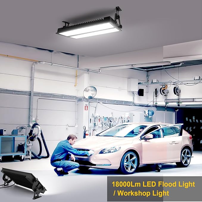 FastDeng 2 Pack LED Shop Lights, 150W 18000lm 5000K Daylight LED Garage Light, IP66 Waterproof Outdoor Flood Light with US Plug 10FT Cord and Switch for Workshop Yard Factory Warehouse