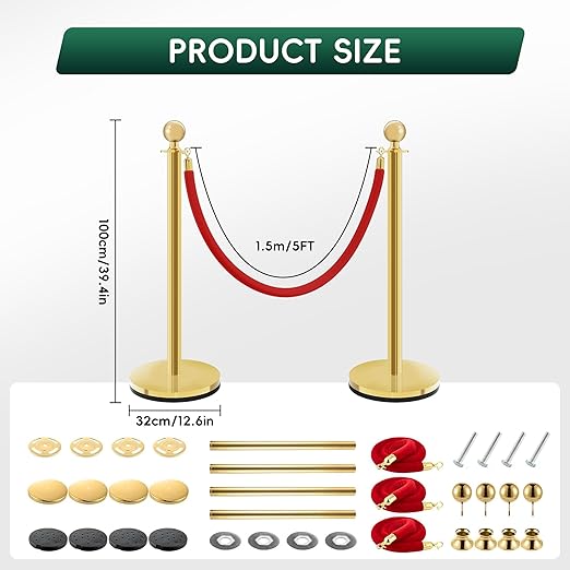 Gold Stanchions with Red Velvet Ropes - 4 Pack Stainless Steel Posts, Fillable PE Base, Crowd Control Barriers for Weddings, Events & Parties (gold-hollow-4PCS)