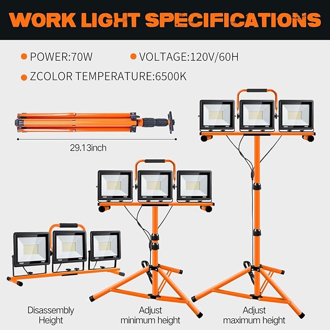 21000 Lumen Work Lights with Stand, 3 Adjustable Head LED Work Light, with Adjustable and Foldable Tripod Stand, Waterproof Lamp with Individual Switch with 6500 Kelvin Color (3-Head-Orange)