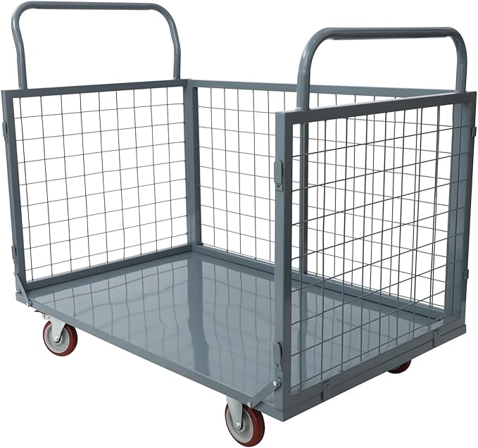 Platform Truck Cart with Cage 2200 lbs, 5-in-1 Folding Hand Truck with Wheels, Convertible Warehouse Cart for Utility, Moving - Heavy Duty Flatbed Carts for Grocery, Laundry, Shelving, Pantry, Grey