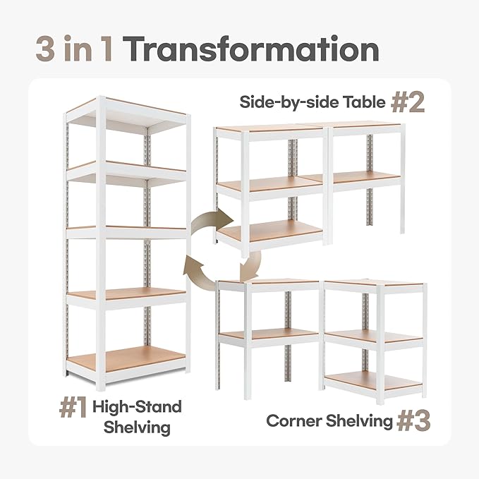 HOMEDANT House 5 Tier Laminated Metal Shelving Unit Adjustable Storage Utility Rack Heavy Duty Shelves Organization Multipurpose Shelf Kitchen Garage Pantry Closet (3, (S) 24.4" W, White)