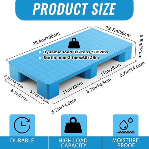 1 Pcs Plastic Pallet for Basement Storage Easy Stack Lightweight Floor Pallet Display Flooring Room Supermarket Christmas, Support up to 2000 Lbs (40'' L X 20'' W X 5.5'' H,Blue)
