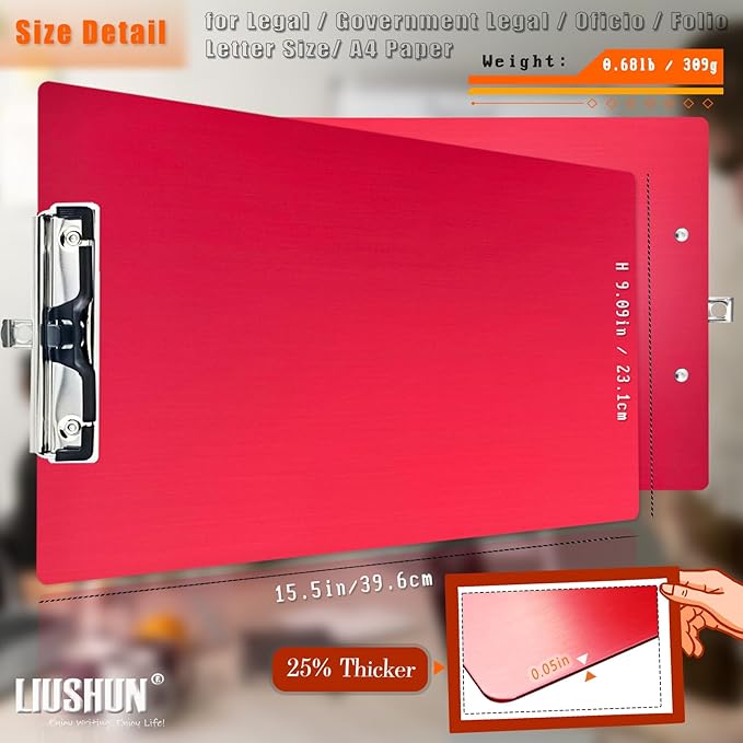 Legal Aluminum Clipboard Metal w/Stainless Hangable Pen Holder Writing Low Profile Large Clip Board 9" x 15.5" Message Tabletop for Lawers Office Business Workshop Factory Supplies (Red, Legal)