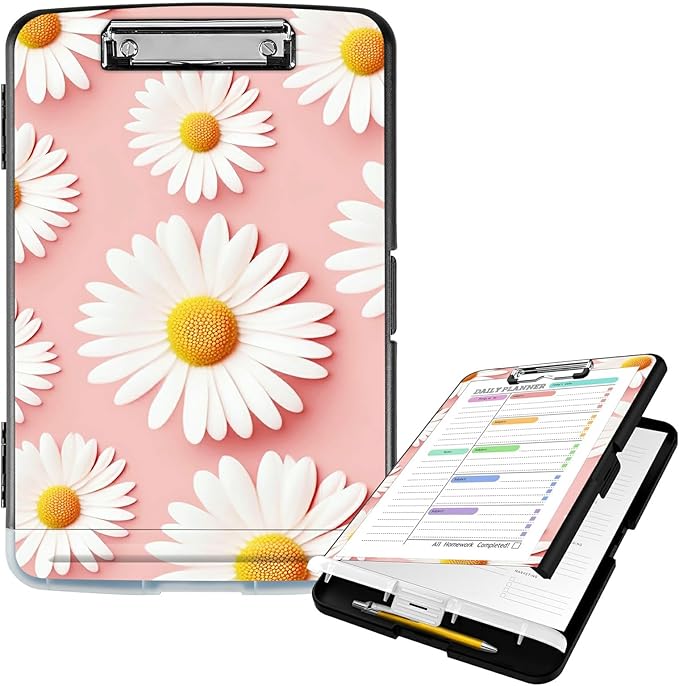 Clipboard with Storage High Capacity Plastic Nursing Clipboards with Pen Holder File Folder Storage Box Clipboard with Heavy Duty Clips for Teacher,Doctor,Offices-Pink Daisy