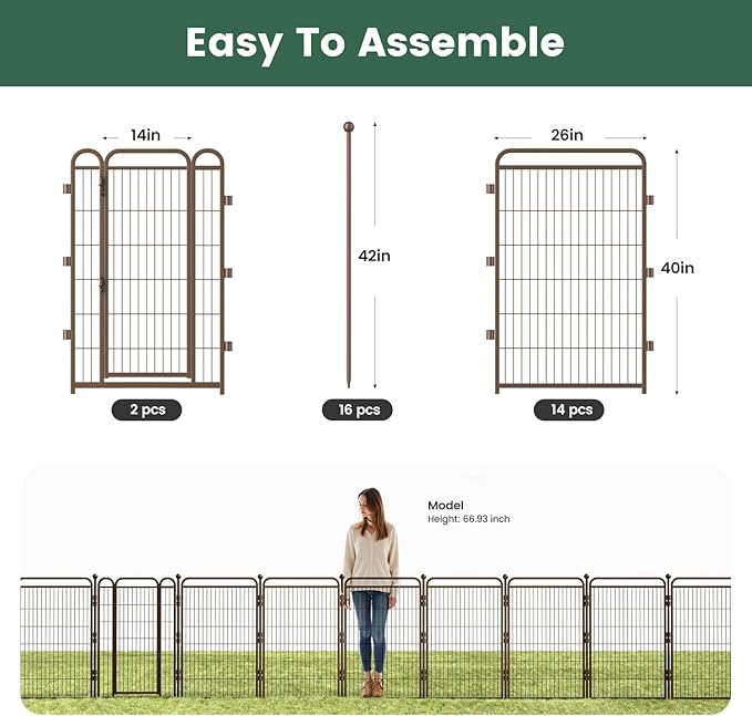40 in(H) Decorative Garden Fence Outdoor for Yard with 2 Gates,Heavy Duty Iron 16 Panels Total 34.7ft(L) Anti Dig Fence with Gravity Automatic Lock for Indoor/Outdoor Decorative Dog Fence,Brown