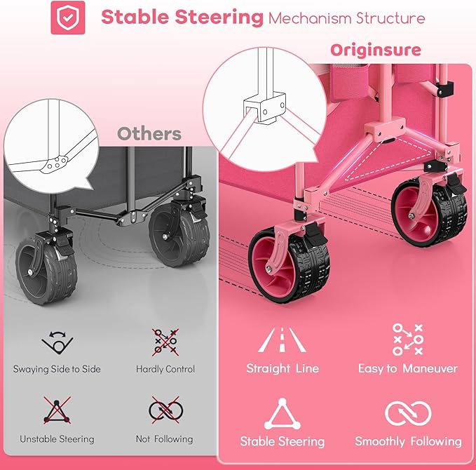 48" L Collapsible Wagon Cart Foldable, 560lbs Weight Capacity 300L Heavy Duty Folding Beach Wagons with Big All-Terrain Wheels, Utility Carts for Groceries, Shopping, Camping, Sports - Pink