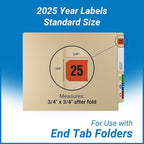 2025 Year Labels, Doctor Stuff 2025 Chart Stickers, Fluorescent Red Color Coded, USA Made Year Stickers for End Tab File Folders, 500 Labels/Roll in a Dispenser Box, 3/4" x 1-1/2"