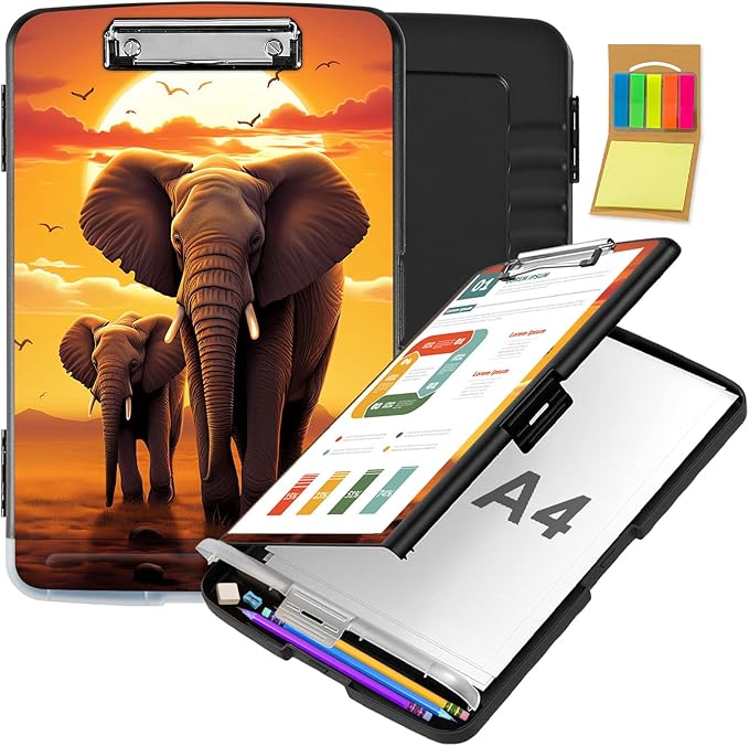 Clipboard with Storage,Office Supplies Nursing Clipboards Folder with Pen Holder Plastic Storage ClipBoard Foldable for Teacher Nurse,Sunset Elephant