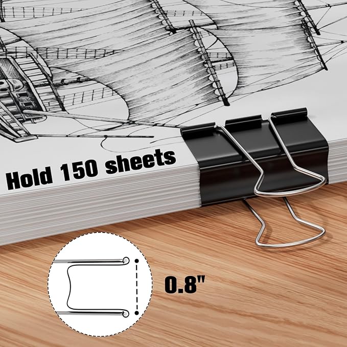 Medium Binder Clips, 48-Pack 1.25 Inch Paper Clips, Heavy Duty Black Clips Hold 150 Sheets, Rust-Proof with Smooth Edges for Cable, Office, Workplace, School, Home, Kitchen Food Organization