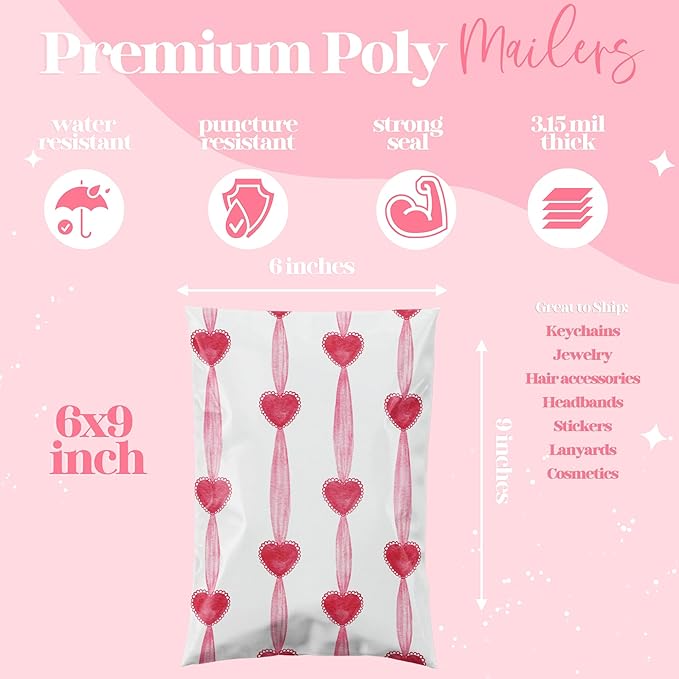 6x9 Designer Poly Mailer 100 Pack Heavy Duty Waterproof Self Seal Shipping Bags for Small Business Large Mailing Envelopes Bulk Tear Resistant Packaging Red Valentine Heart