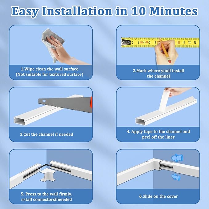 Wire Covers for Cords On Wall - Cord Management on Wall for Home and Office, Paintable PVC Cable Raceway Cover (White, 125")