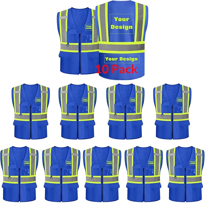 Safety Vest Customize Logo with 5 Pockets & Zipper Reflective High Visibility Vest Class 2 Outdoor Workwear