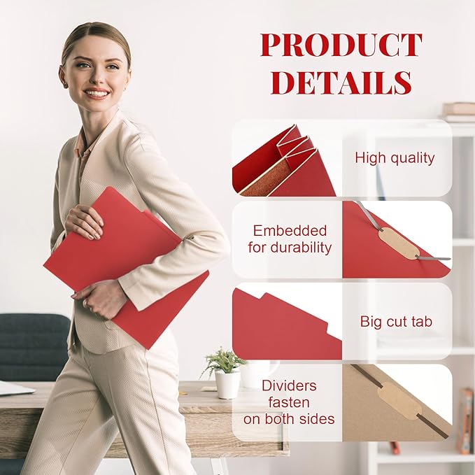 Skyygemm 12 Pack Classification Folders Letter Size Bulk with Divider and 2" Expansion, Pressboard Folder with 2 Prong Fasteners for Teachers, Clergy, Office, Church, Christmas Donations(Red)