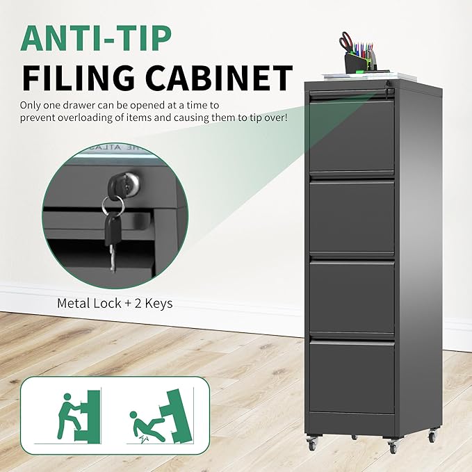 4 Drawer Mobile File Cabinet, Under Desk File Cabinet,Metal Filing Cabinets with Lock for Home Office Organizer Letter/Legal/A4,Require Assembly (Black)