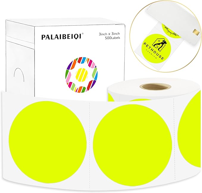 3X3Inch Round Thermal Labels Circle Color Coding Labels Printable Waterproof 500PCS Round Stickers Adhesive Writable for Office, Garage, DIY Sticker, Barcodes, Name Tag, Fluorescent Yellow
