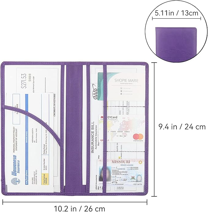 Car Registration and Insurance Holder, Premium Pu Leather Vehicle Glove Box Organizer - for Driver License, Cards & Essential Documents (L-Purple)