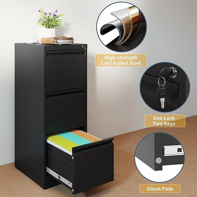 3 Drawer File Cabinet with Lock, Vertical Filing Cabinets for Home Office, Metal Storage Cabinets, Heavy Duty File Cabinet for Letter/Legal/A4/F4 Size Amssebly Required, Black