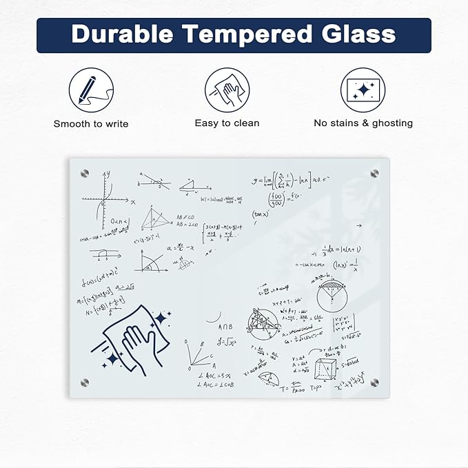 Magnetic Glass Whiteboard, 24" x 18" Glass Dry Erase Board for Wall, Frameless White Board with 1 Marker Tray and 3 Magnets for Office, Home, Classroom - Normal White