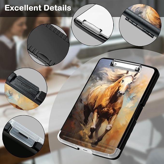 Clipboard with Storage,Office Supplies Nursing Clipboards Folder with Pen Holder Plastic Storage ClipBoard Foldable for Teacher Nurse,Galloping Horse