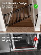 Grownsy No Bottom Bar Baby Gate for Stairs, Adjustable Width 29.8” to 43.5” for Child and Pet, Dog Gate with Auto-Close & Walk Through, Hardware-Mounted Install for Doorways and Indoor Use,Black