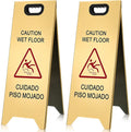 2 Pcs 24 Inch Stainless Steel Wet Floor Sign, Heavy Duty Caution Wet Floor Sign Double Sided Portable Foldable Bilingual Safety Warning for Restaurant Restroom Office Avoid Fall (Gold)