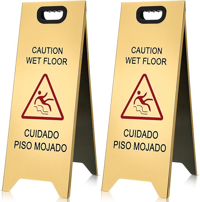 2 Pcs 24 Inch Stainless Steel Wet Floor Sign, Heavy Duty Caution Wet Floor Sign Double Sided Portable Foldable Bilingual Safety Warning for Restaurant Restroom Office Avoid Fall (Gold)