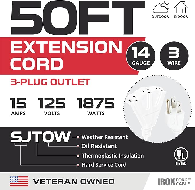 Iron Forge Cable 50ft White Outdoor Extension Cord with 3 Outlets - 14/3 SJTOW Oil Resistant 15 Amp 50ft Extension Cord 3 Prong - Multiple Outlets with Lighted End