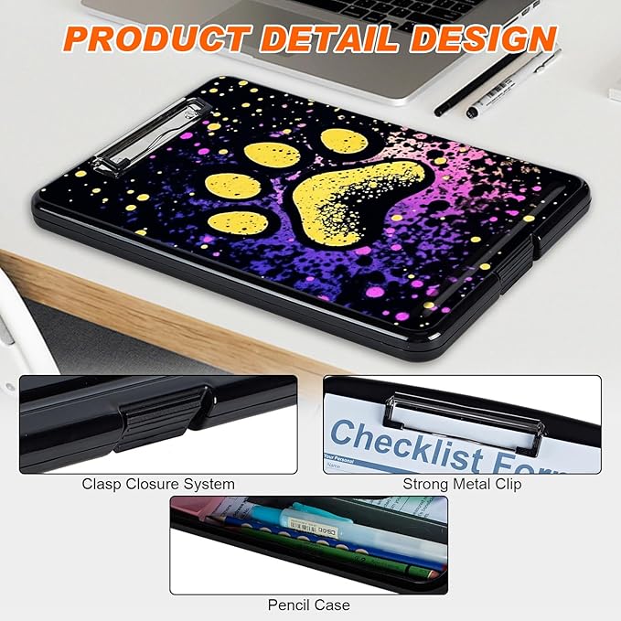 Clipboard with Storage, Hard Letter A4 Size Clip Board with Pen Holder & Paper Organizer, Heavy Duty Portable Writing Pad for Nurses Students Teachers Office Jobsite Contractor, Dog Paw