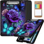 Plastic Storage Clipboard with Low Profile Clip, Heavy Duty Foldable, Coaches Clipboard Case for Work, Teacher, Office, School Supplies, Blue Pink Roses Butterfly