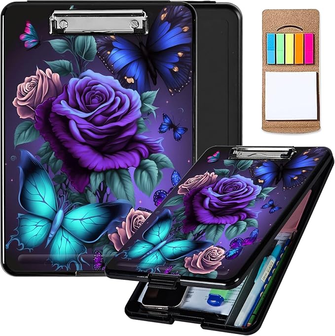 Plastic Storage Clipboard with Low Profile Clip, Heavy Duty Foldable, Coaches Clipboard Case for Work, Teacher, Office, School Supplies, Blue Pink Roses Butterfly
