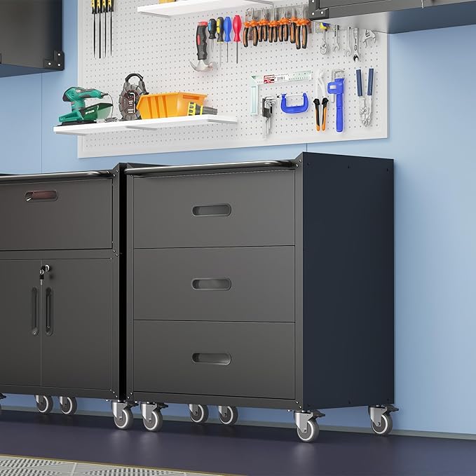 3 Drawers Metal Tool Storage Cabinet with Wheels, Rolling Tool Chest on Locking Wheels & Handle, Garage Cabinet, Heavy Duty Tool Cart, Mobile Steel Locker for Home,Workshop, Warehouse, Black