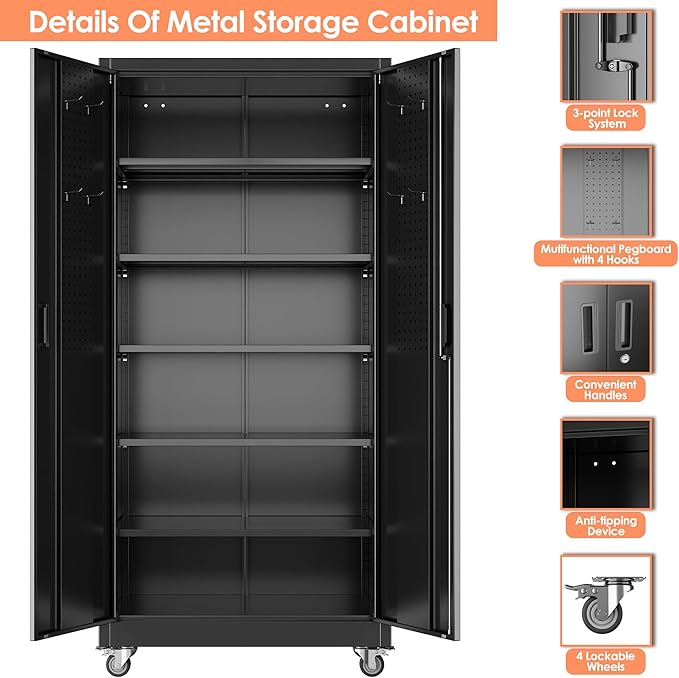 Aobabo Upgrade 71H''*34''W*18''D Metal Garage Storage Cabinet with Wheels and Pegboards, 5 Adjustable Shelves Steel Storage Cabinets for Home,Warehouse,Garage,Black,Assembly Required